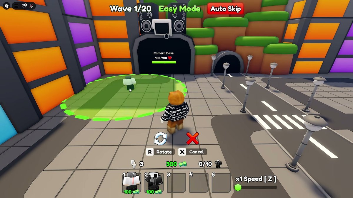Easy mode HUD: wave counter, mode label and the Auto Skip control