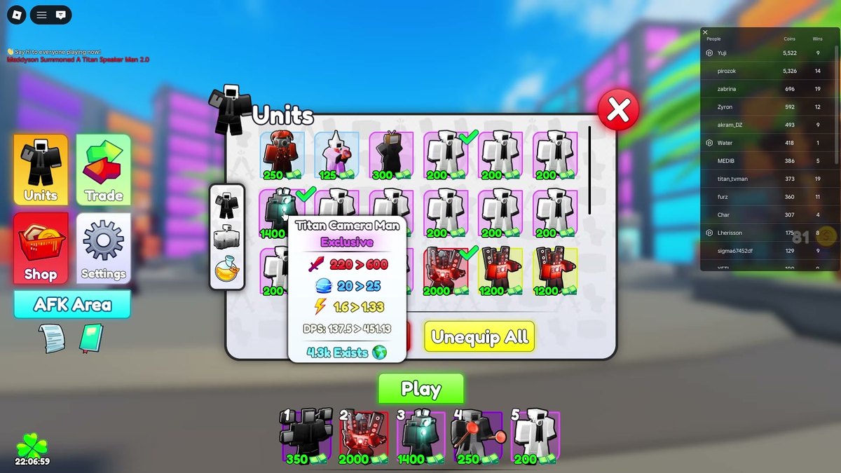 In-match unit panel showing owned units and their levels